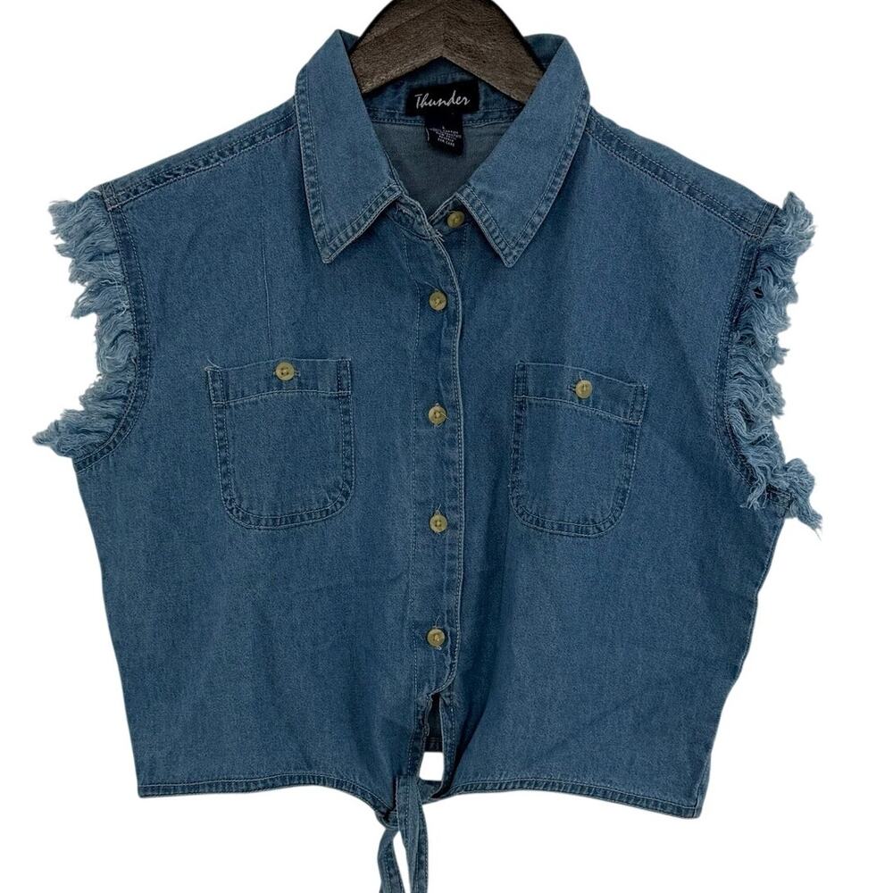 Thunder Cropped Tie Front Denim Vest L